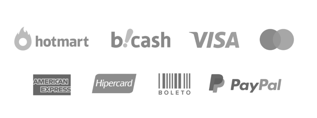 Métodos de pago: Hotmart, Bcash, Visa, Mastercard, American Express, Hipercard, Boleto y PayPal
